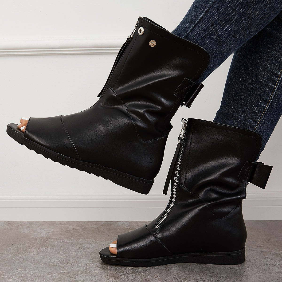 Women's Open Toe Ankle Boots Fashion Flat Booties Zip Up Boots