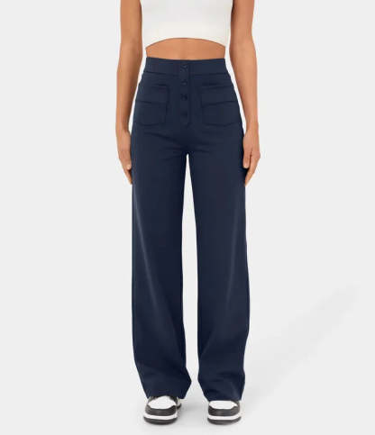 High Waisted Button Multiple Pockets Straight Leg Casual Pants