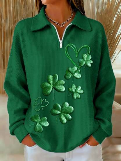 Women's Casual Retro St. Patrick's Day Waffle Knit Zip-Up Sweatshirt