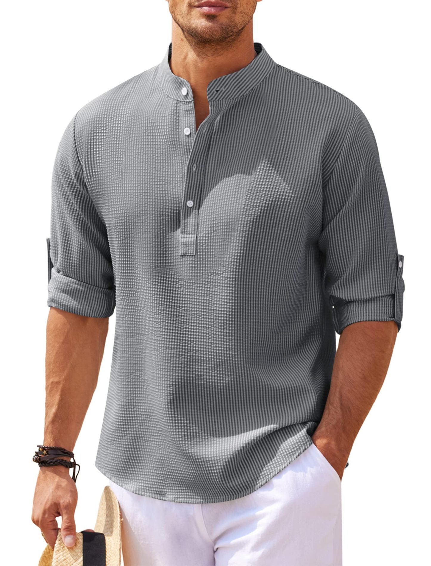 Men's Linen Henley Shirt Beach T Shirts Vertical Striped Hawaiian Shirts