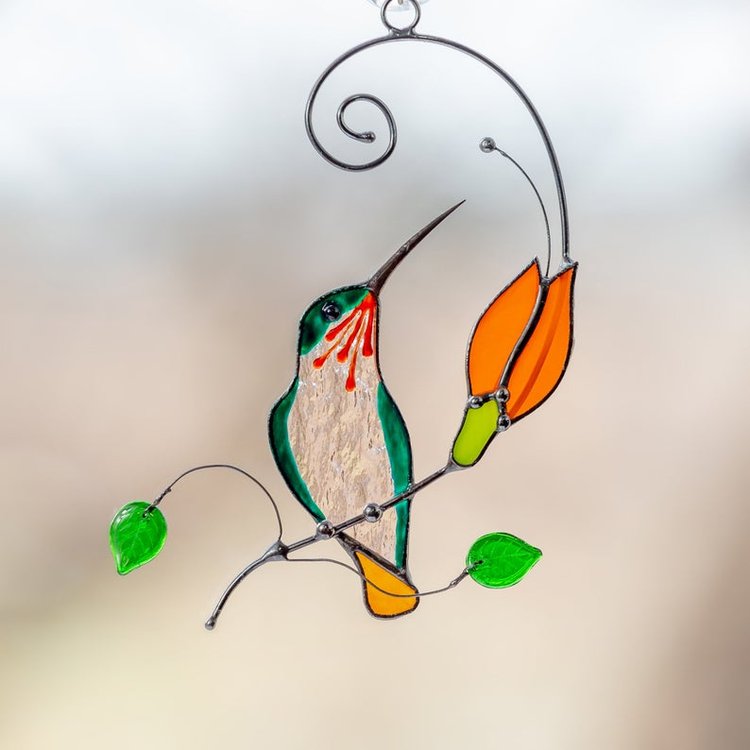 Hummingbird stained glass window hangings Orange flower