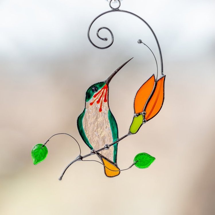 Hummingbird stained glass window hangings Orange flower