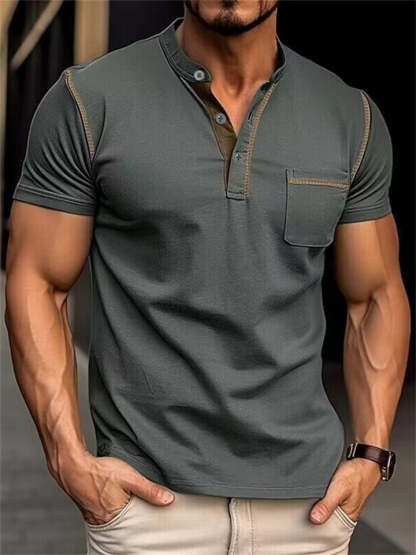 Male Casual Short-sleeved Collarless Pullover Shirt