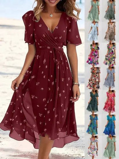 Women's Short Sleeve Summer Green Floral Printing V Neck Daily Going Out Vintage Maxi A-Line Ruffle Skirt Dress