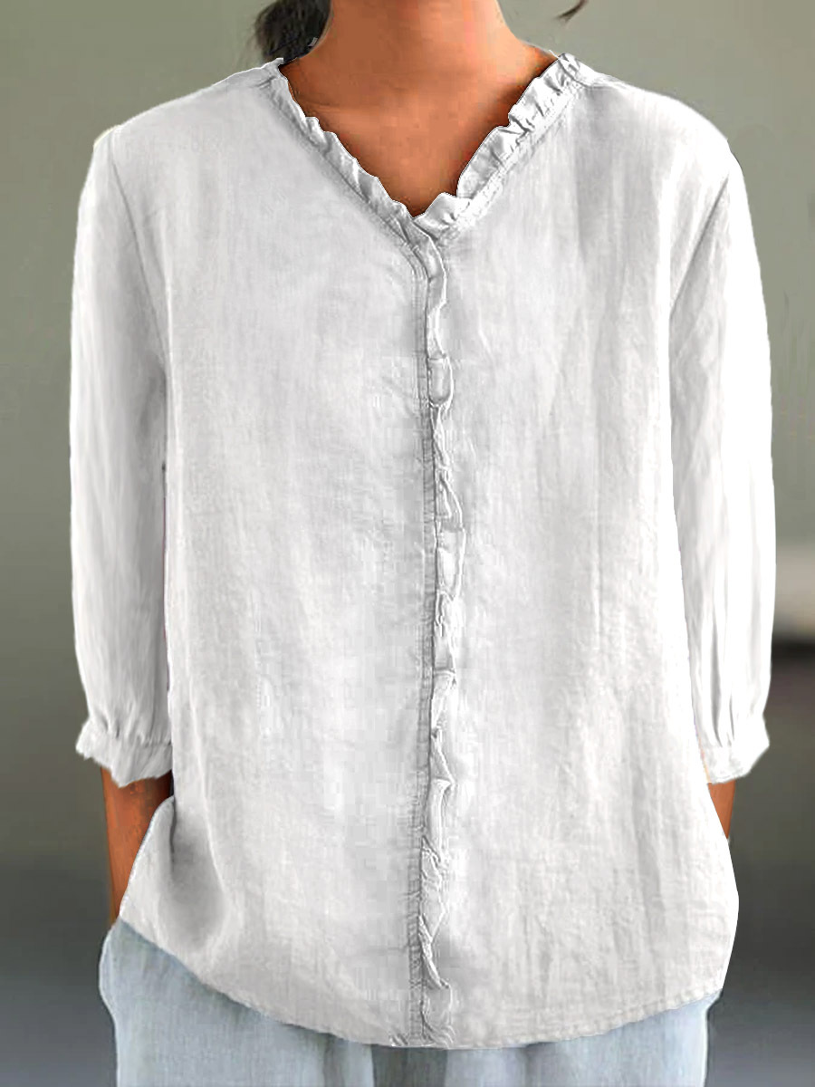Women's Casual Cotton And Linen Ruffle Collar 3/4 Sleeve Shirt