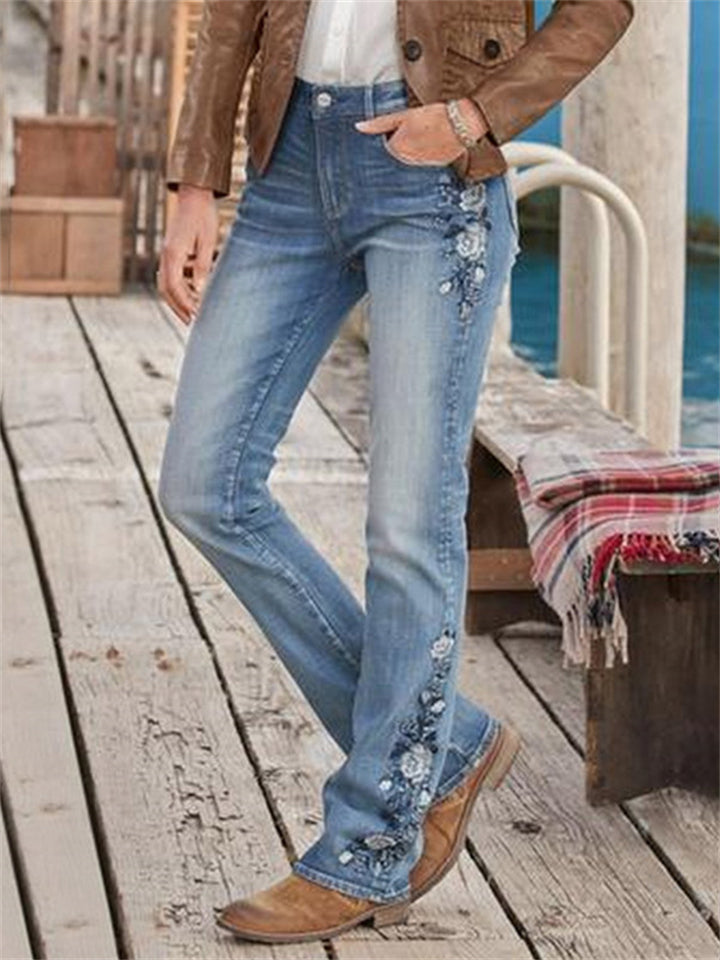 Women's Vintage Floral Embroidery Slim Fit Micro Flared Jeans