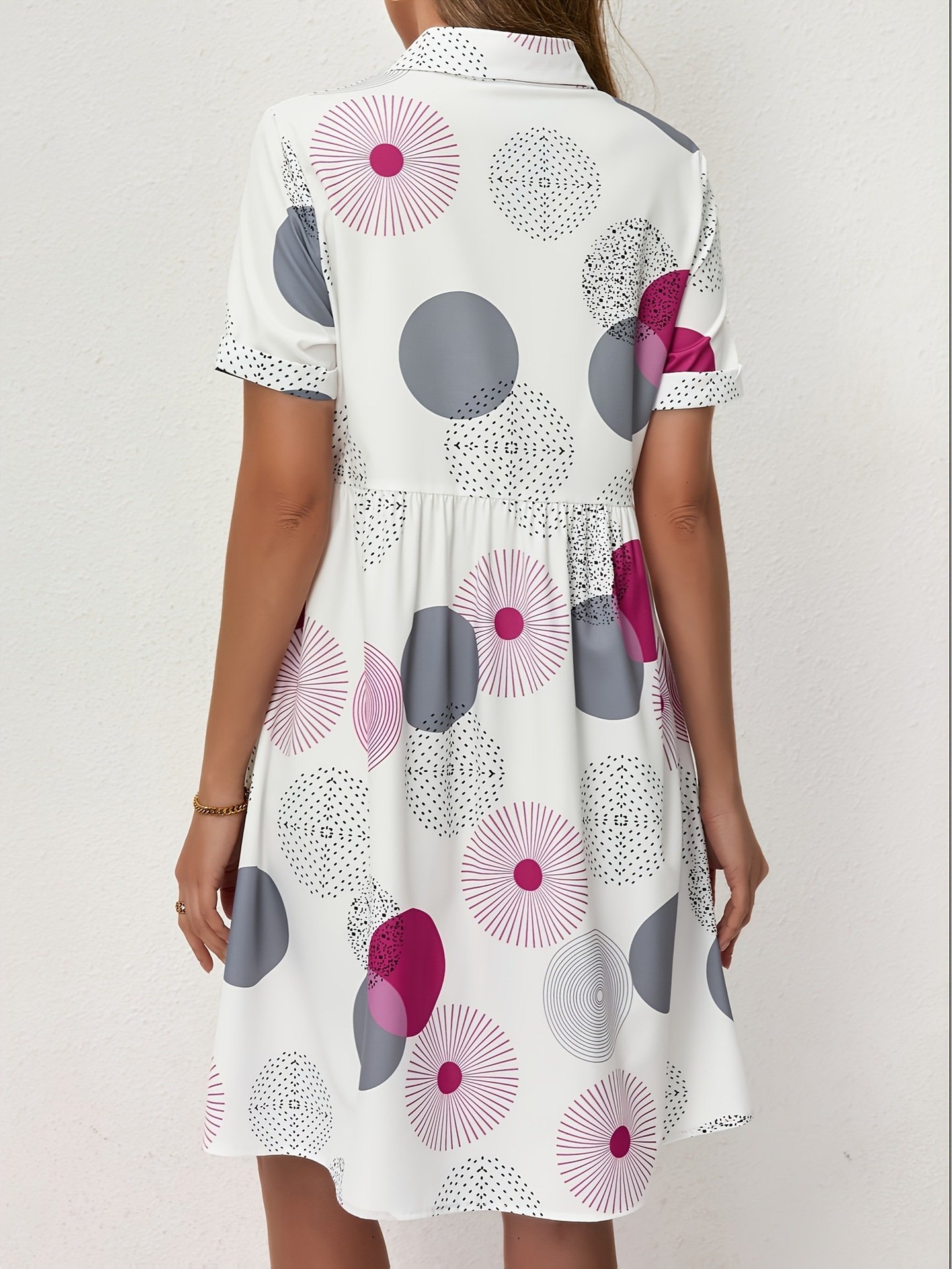 All Over Print Shirt Dress, Casual Short Sleeve Collared Dress for Summer