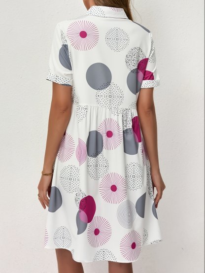 All Over Print Shirt Dress, Casual Short Sleeve Collared Dress for Summer
