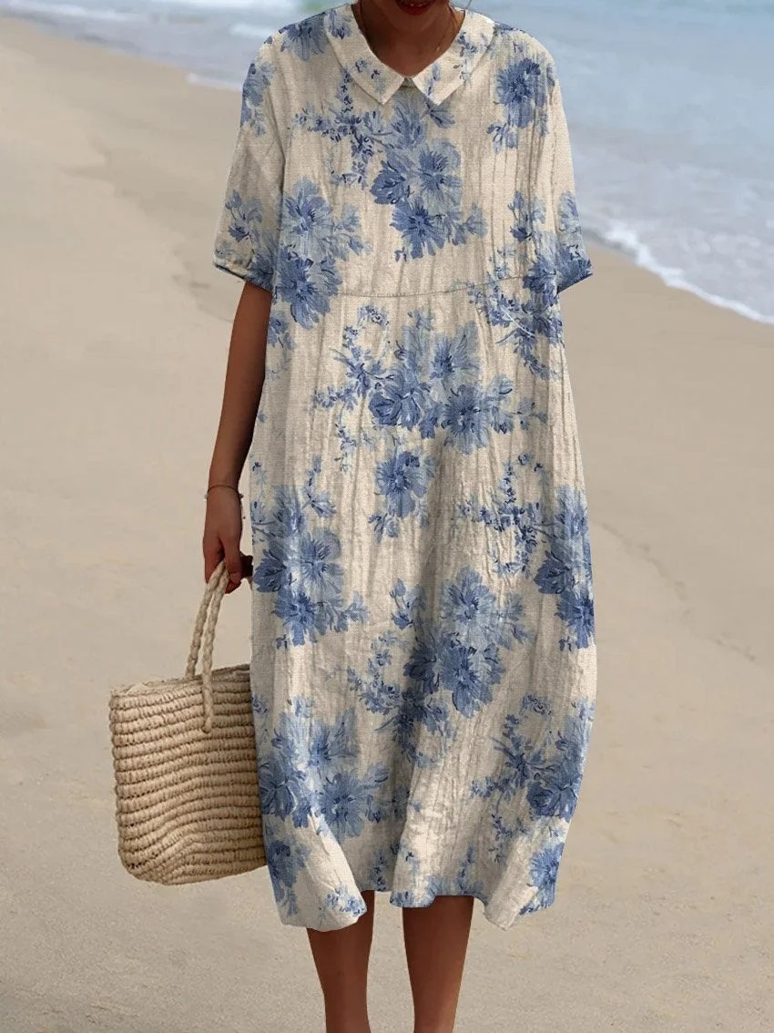 Women's Vintage Floral Art Print Pocket Linen Dress（Convertible Dress 