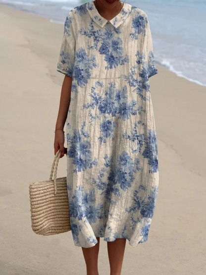 Women's Vintage Floral Art Print Pocket Linen Dress（Convertible Dress With Front And Back Option）