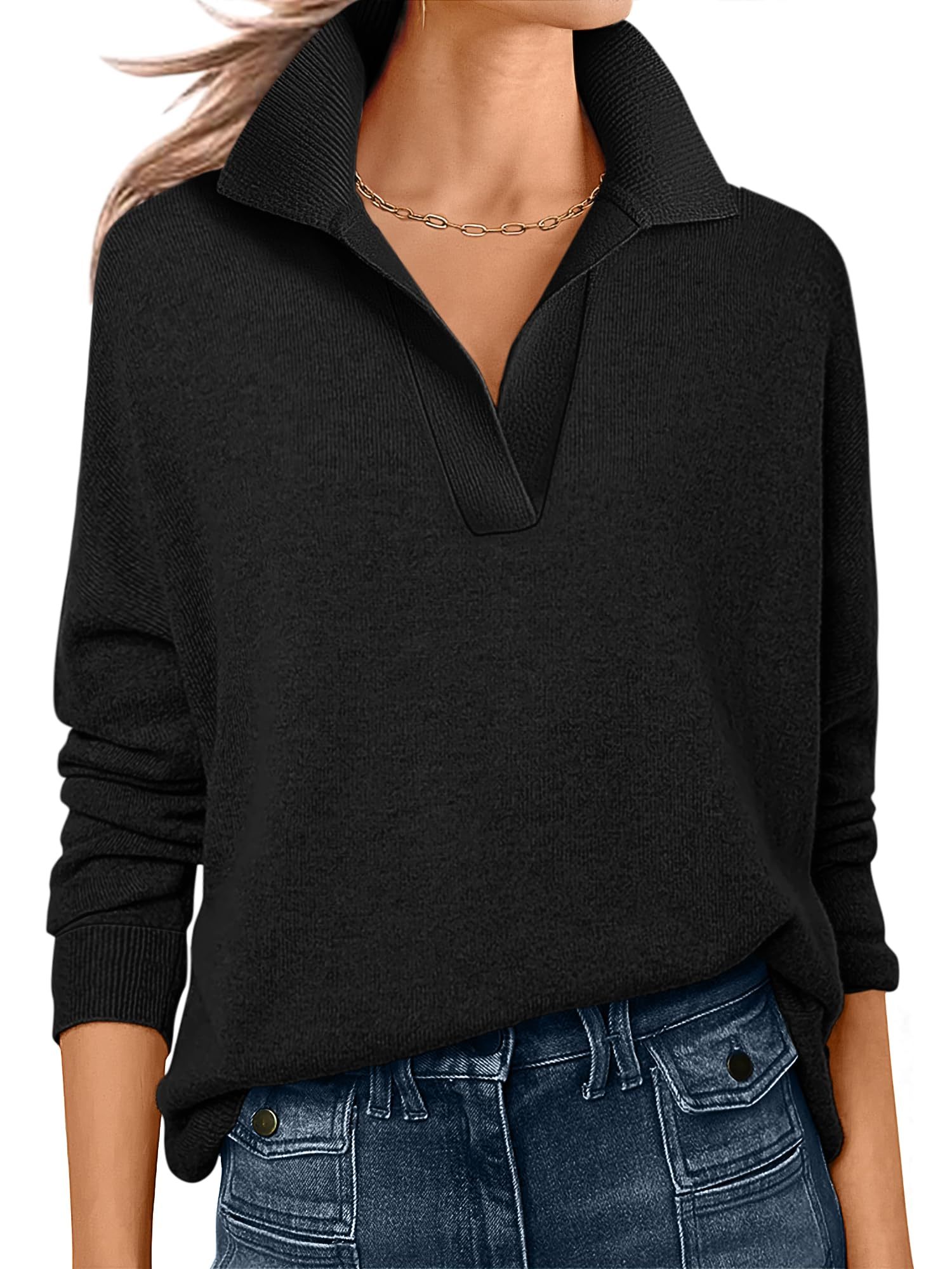 Womens Polo V Neck Long Sleeve Sweaters Lightweight Dressy Casual Business Basic Knit Pullover Top