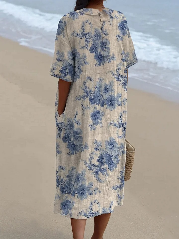 Women's Vintage Floral Art Print Pocket Linen Dress（Convertible Dress With Front And Back Option）
