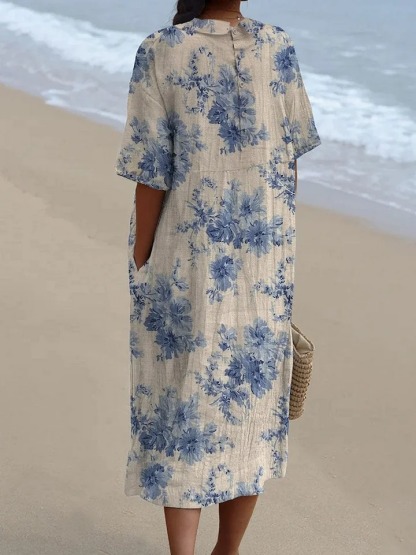 Women's Vintage Floral Art Print Pocket Linen Dress（Convertible Dress With Front And Back Option）