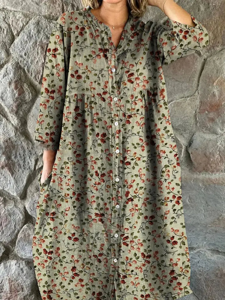 Elegant Retro Rose Floral Pattern Dress Cotton Shirt Dress