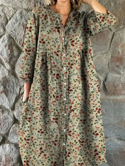 Elegant Retro Rose Floral Pattern Dress Cotton Shirt Dress