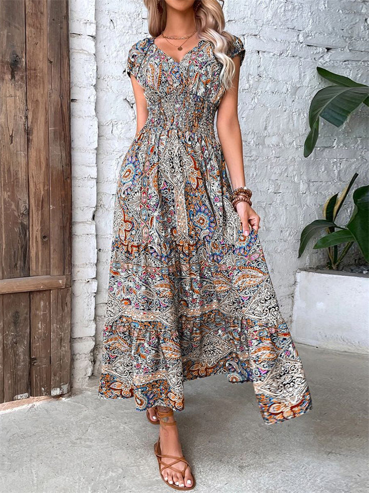 Bohemian V Neck Abstract Print High Waist Long Dress
