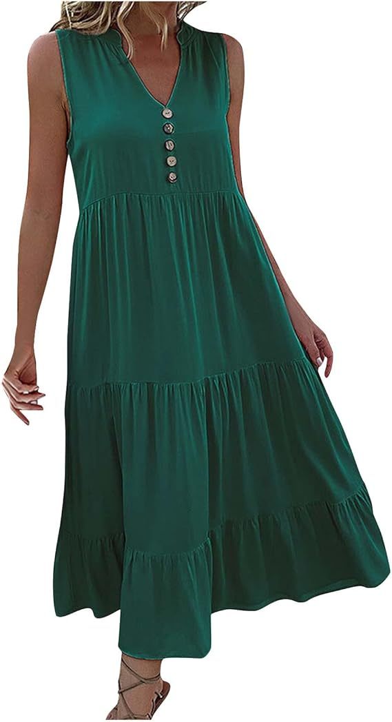 Button Detail Layered Hem Smock Dress