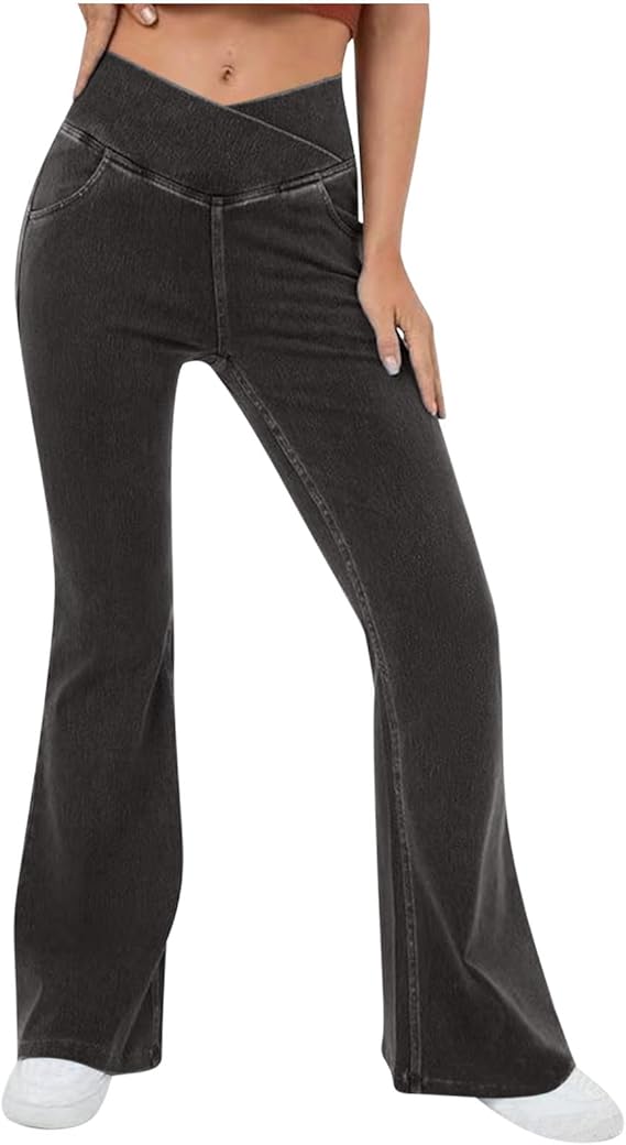 Stretchy Denim High Waisted Crossover Flare Pants Black