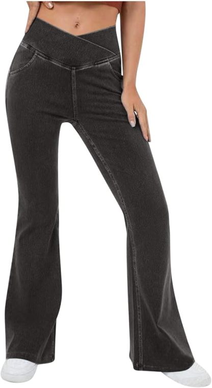 Stretchy Denim High Waisted Crossover Flare Pants Black