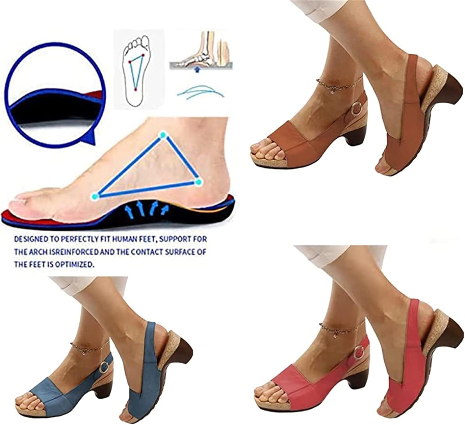Orthopedic Women Sandals (Top Grain Leather) Breathable Arch Support Wedge Slip on Vintage Summer