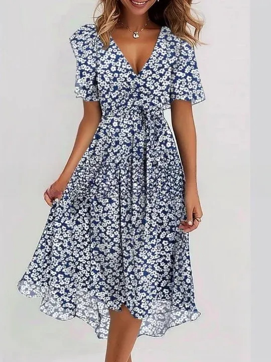 Women's Short Sleeve Summer Green Floral Printing V Neck Daily Going Out Vintage Maxi A-Line Ruffle Skirt Dress