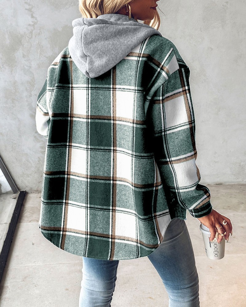 Plaid Pattern Long Sleeve Shacket Button Down Fleece Lined Hooded Jackets Warm Coat