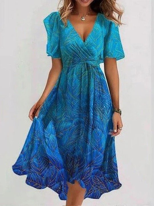 Women's Short Sleeve Summer Green Floral Printing V Neck Daily Going Out Vintage Maxi A-Line Ruffle Skirt Dress