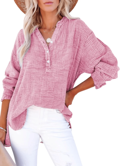 Limited time sale🔥Womens Casual Button V Neck Long Sleeve Shirts Oversized Solid Blouses Tops