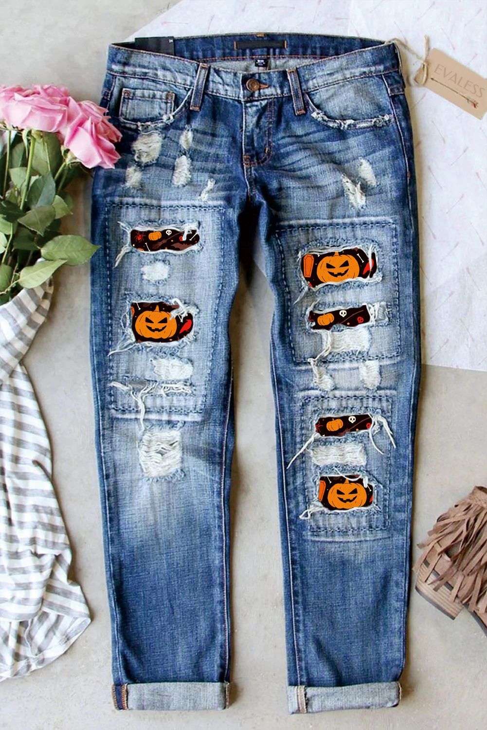 Halloween Pumpkin Ripped Denim Jeans