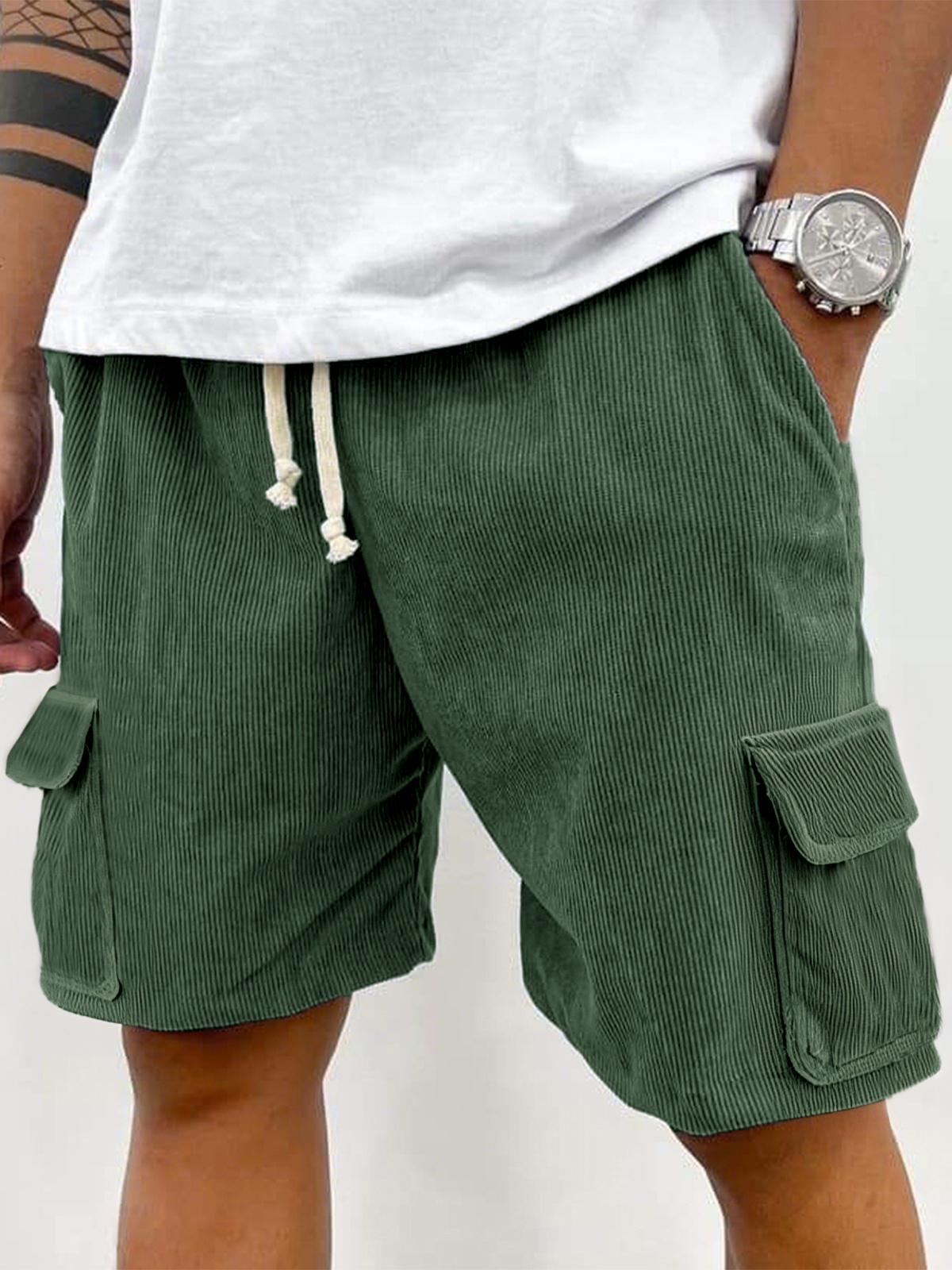 Men's Corduroy Stylish Multi-Pocket Lace Up Utility Casual Cargo Shorts
