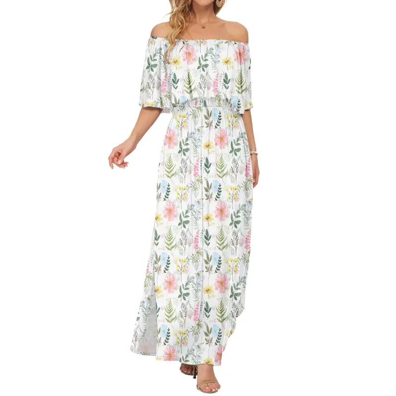 🔥LAST day 49% OFF🔥Women's Off The Shoulder Dress Wedding Guest Dress Summer Casual Long Ruffle Party Side Split Beach Maxi Dresses