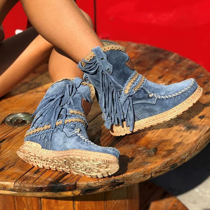 Women's Retro Leather Round-toe Flat Heel Tassel Boots Silverstone Marine Turquoise Moccasin Vintage Stone-washed Shoes
