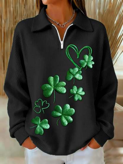 Women's Casual Retro St. Patrick's Day Waffle Knit Zip-Up Sweatshirt