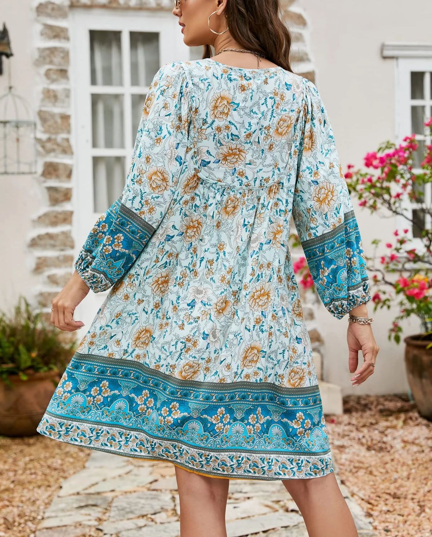 Women's V Neck 3/4 Sleeve Short Floral Print Flowy Dress
