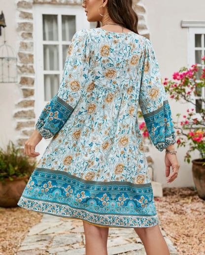 Women's V Neck 3/4 Sleeve Short Floral Print Flowy Dress