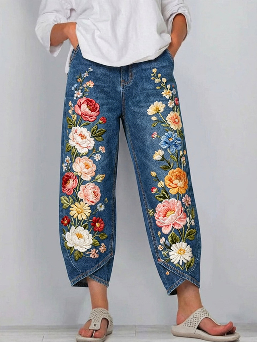 Women's Vintage Floral Art Prints Casual Denim Cotton Pants