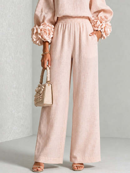 Women 3D Floral Cuff Linen Two‑Piece Outfit, Long Sleeve Blouse & Elastic Waist Wide Leg Pants Set