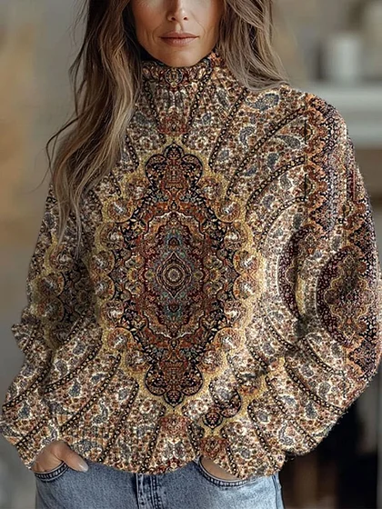 Women's Vintage Lovely Floral Art Print Knit Turtleneck Pullover Sweater