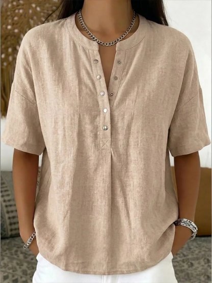 New Arrivals🔥Women's Casual Henley Collar Linen And Cotton Short-sleeve Shirt