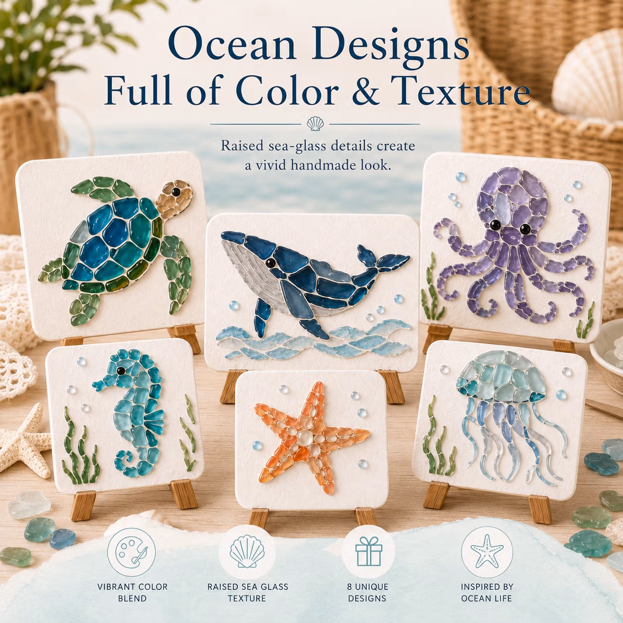 🌊 DIY Sea Glass Mosaic Art Kit – Create Beautiful Ocean-Inspired Artwork with Colorful Glass Pieces, Coastal Home Decor & Creative Handmade Gift