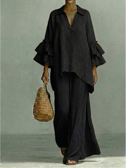 Casual Linen And Cotton Shirt And Wide-leg Pants Two-piece Set
