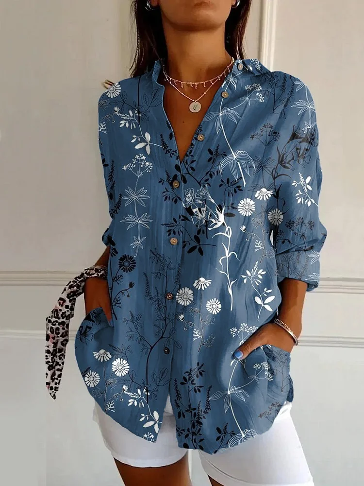 WOMEN'S ABSTRACT LINE COTTON LINEN SHIRT