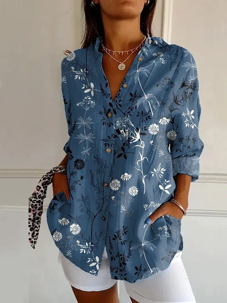 WOMEN'S ABSTRACT LINE COTTON LINEN SHIRT