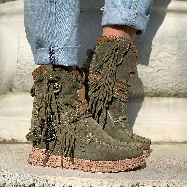 Women's Retro Leather Round-toe Flat Heel Tassel Boots Silverstone Marine Turquoise Moccasin Vintage Stone-washed Shoes