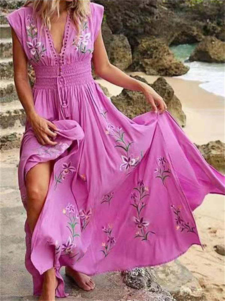 Women's Bohemian V Neck Chiffon Flowy Vacation Dress