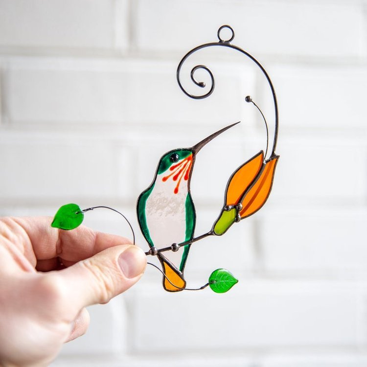 Hummingbird stained glass window hangings Orange flower