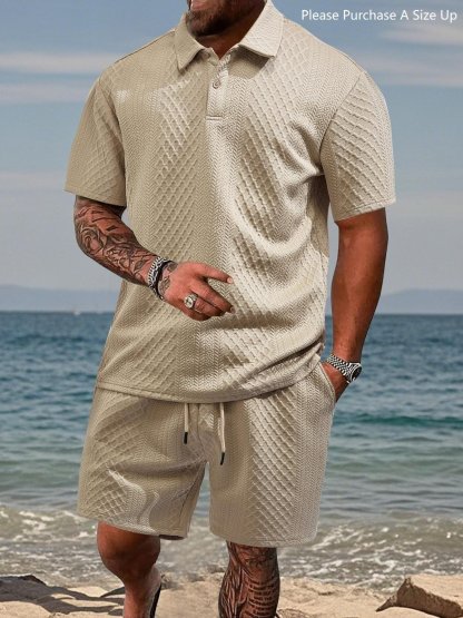 Men's Solid Polo Shirt & Drawstring Waist Shorts Set, Cozy Breathable Two-piece Outfits