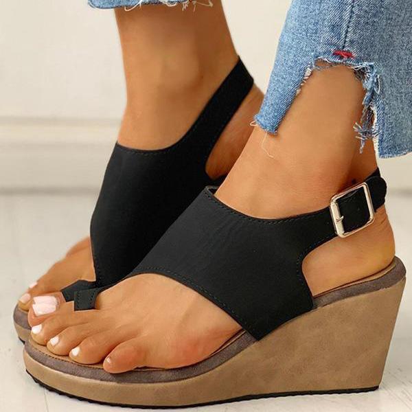 Womens Toe Ring Cutout Slingback Ankle Buckle Wedge Sandals