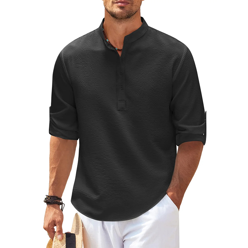 Men's Linen Henley Shirt Beach T Shirts Vertical Striped Hawaiian Shirts