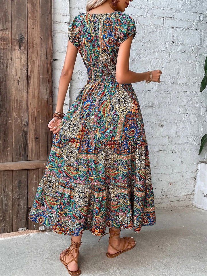 Bohemian V Neck Abstract Print High Waist Long Dress